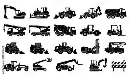 Construction Equipment Black and White Silhouette Vector Set – Heavy Machinery and Building Icons