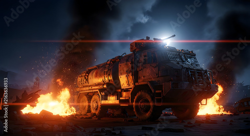 Heavy armored fuel truck in apocalyptic war zone with fire and smoke at night.