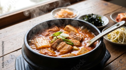 Steaming hot Korean kimchi stew with pork belly and tofu in traditional stone bowl on wooden table