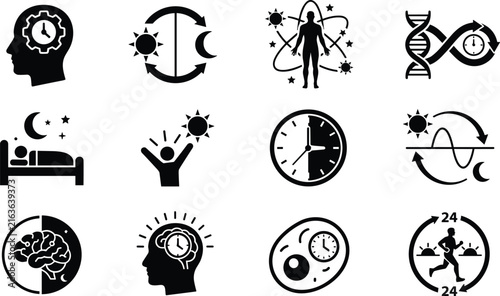 Circadian rhythm and biological clock vector icon set featuring human sleep cycle dna helix brain waves sun moon and time gears
