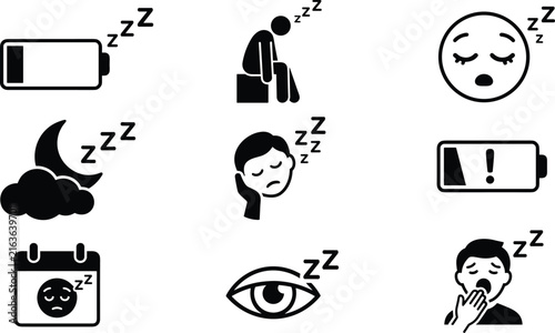Tiredness fatigue and sleep icon set featuring low battery warnings yawning person closed eye moon cloud and exhausted avatars