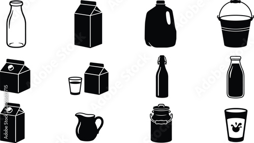 Dairy milk product packaging black vector icon set featuring carton box glass bottle jug bucket canister and pouring glass symbols
