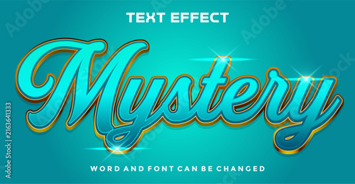 Mystery 3D Text Effect with Elegant Cyan Blue Script Typography and Gold Trim Outline