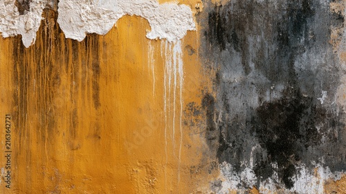 Weathered yellow and grey wall with peeling paint, streaks, and stains