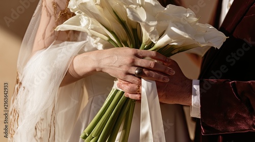 Close-up of couple's hands holding white calla lily bouquet, soft lighting