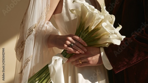 Close-up of wedding couple's hands with rings, holding a bouquet of white lilies