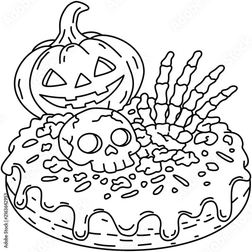 Canvas Print Spooky Halloween Bakery Donut Coloring Page Pumpkin Skull and Skeleton Hand Line
