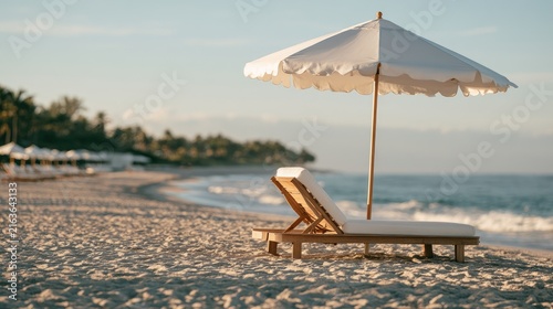 Sun-drenched beach with empty lounge chair, umbrella, and gentle waves