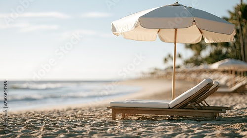 Empty lounge chairs and umbrella on a sandy beach, ocean in background
