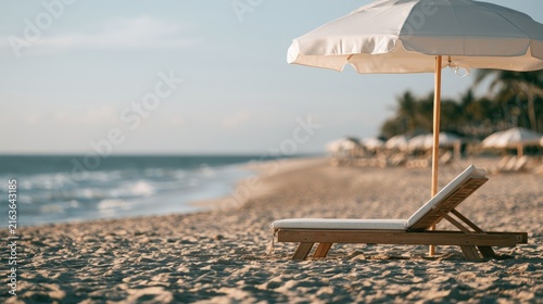 A sun-drenched beach with empty lounge chairs and umbrellas