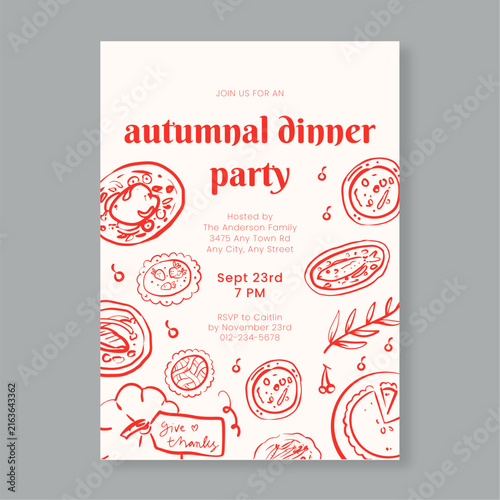 Rustic Hand Drawn Autumnal Dinner Party Invitation Template with Red Food Sketches and Pumpkin