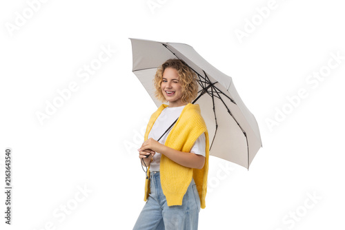 Obraz na płótnie Joyful person with umbrella in casual clothes, isolated on white, PNG