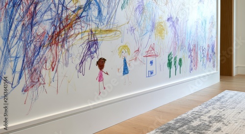 Colorful crayon scribbles and stick figures adorn a white wall