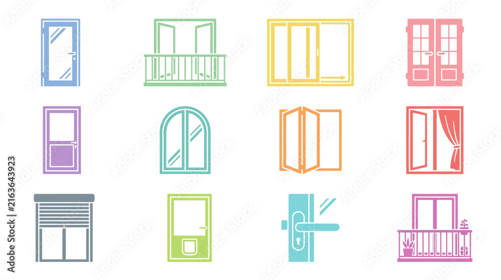 Obraz premium Modern window styles and balcony door icon set.