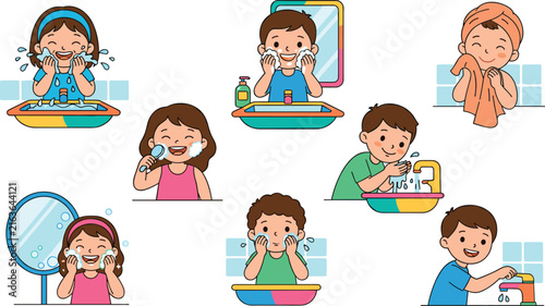 Kids washing face and hands set daily hygiene routine children in bathroom isolated vector graphic illustration collection