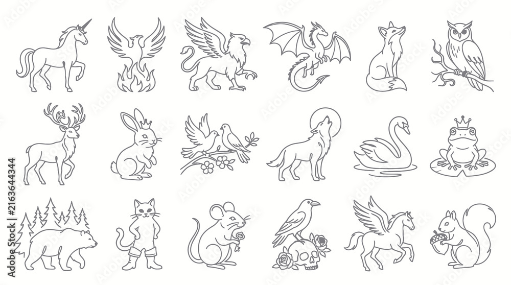 Naklejka premium Nature and Fantasy Animals Black White Line Art Icons Collection: Mythical Creatures Wildlife Illustrations