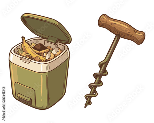 Illustrated composting bin with food scraps and a vintage corkscrew tool.
