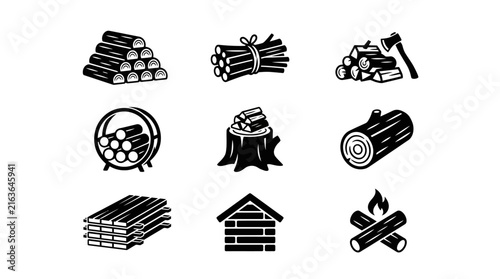 Firewood bundles and campfire icons set.