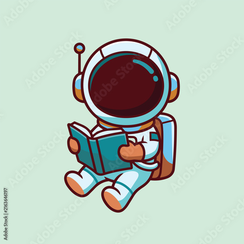 Cute cartoon astronaut sitting and reading a blue book. Flat vector illustration style with thick outlines on a light green background. Perfect for kids education and science design projects.