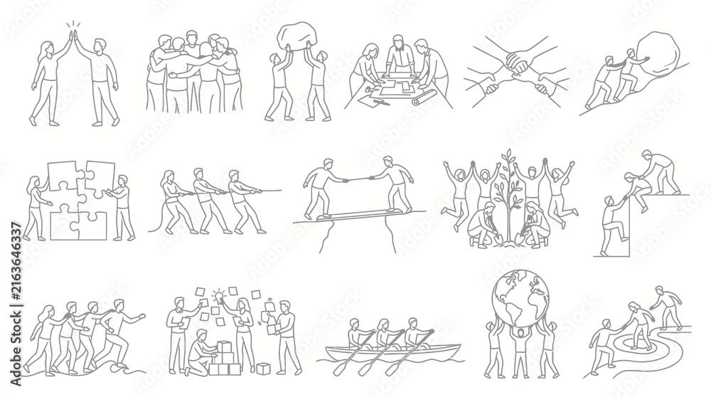 Naklejka premium Black White Line Art Set of Teamwork and Business Collaboration Concepts, Outline People Working Together