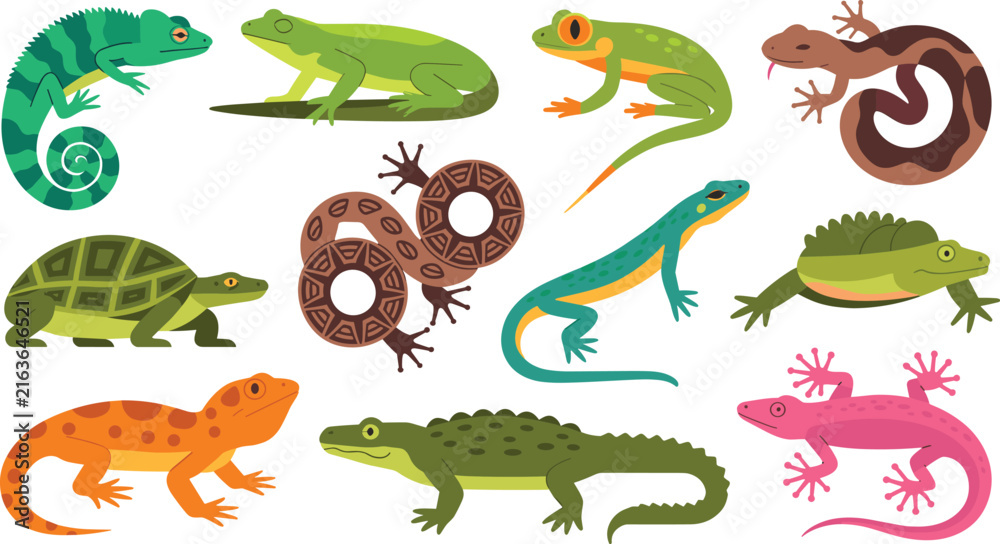 Obraz premium Reptile and Amphibian Vector Icon Set Featuring Green Chameleons, Tree Frogs, Tortoises, Newts, Lizards, Crocodiles, and Colorful Geckos for Wildlife and Biology Educational Designs