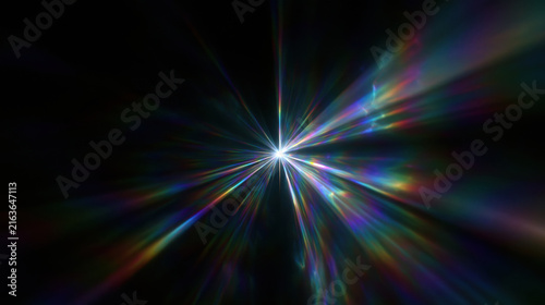 Radiant light burst with prism rainbow rays creating glowing star explosion on dark background