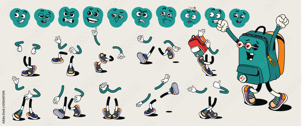 Obraz premium Retro cartoon backpack character constructor kit featuring various expressions arms legs and colorful school accessories vector