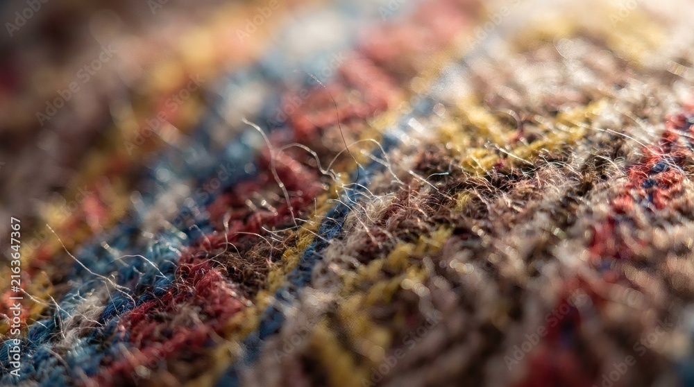 Fototapeta premium Macro Close-up of Colorful Woven Textile Fabric with Textured Yarns and Fibers, Detailed View of Multicolored Material Surface