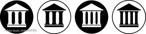 Classical building or bank icon set in flat, outline, and hand-drawn styles