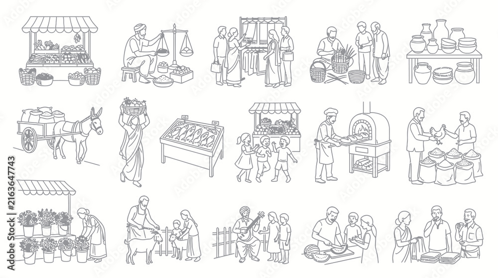 Naklejka premium Black White Line Art Market Scene: People Buying and Selling Food, Produce, and Goods