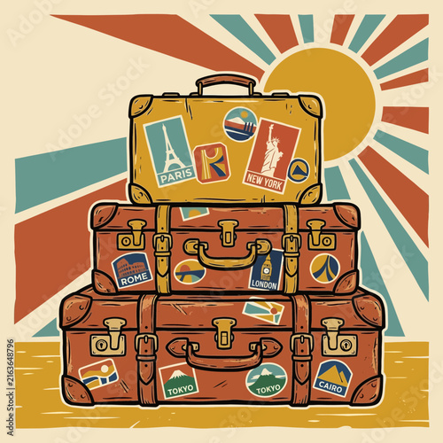 Vintage Luggage Stack with Travel Destination Stickers and Sunburst