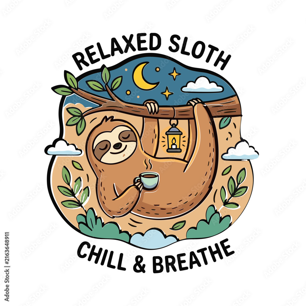 Naklejka premium Cute cartoon sloth hanging from a tree branch drinking coffee with text.