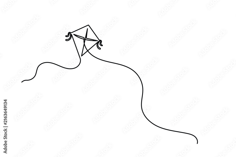 Obraz premium Kite continuous line art featuring a simple single line drawing of a flying kite with editable stroke for clean minimal vector design.