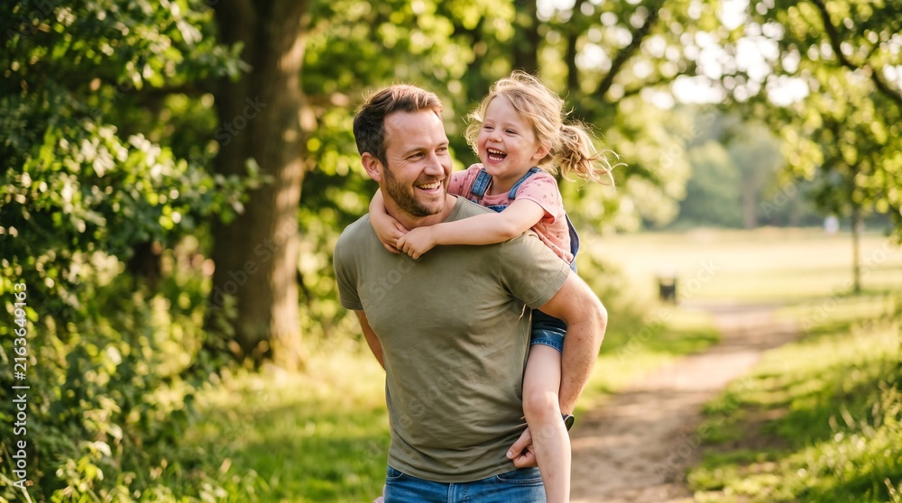 Fototapeta premium Happy caucasian father carrying his cheerful little daughter piggyback in the park during sunny outdoor play. Loving parent bonding with smiling child on nature trail.