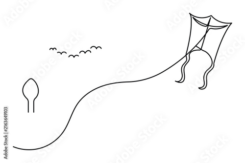 Flying kite continuous one line art depicting a minimal kite, flying birds, and a tree with editable stroke.