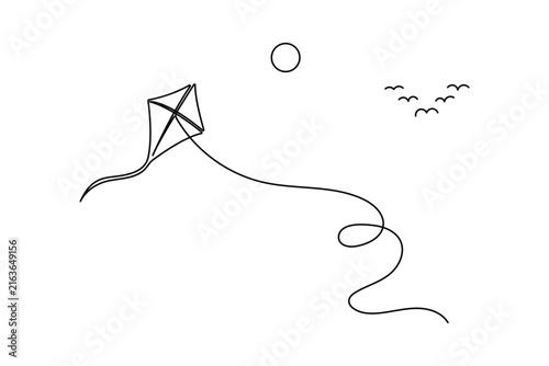 Kite flying continuous one line art minimalist vector illustration featuring editable stroke design elements.