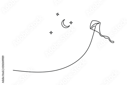 Kite continuous one line art flying toward a crescent moon and stars. Clean minimalist artwork with editable stroke.