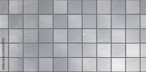 Seamless silver metal tile texture viewed from above, featuring geometric grid pattern and brushed surface for modern architectural design backgrounds and flooring