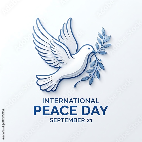 International peace day poster with a papercut style dove holding an olive branch isolated on white background