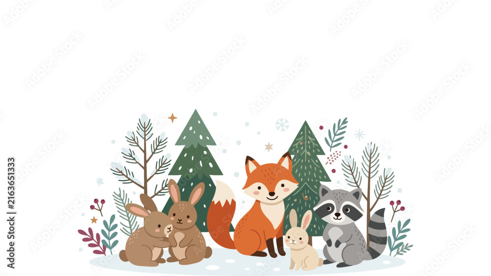 Naklejka premium Cute woodland animal group with fox, rabbits, raccoon and winter foliage.