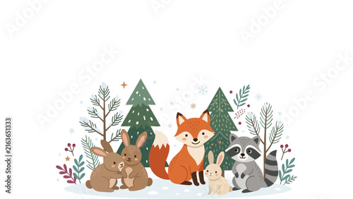 Cute woodland animal group with fox, rabbits, raccoon and winter foliage.