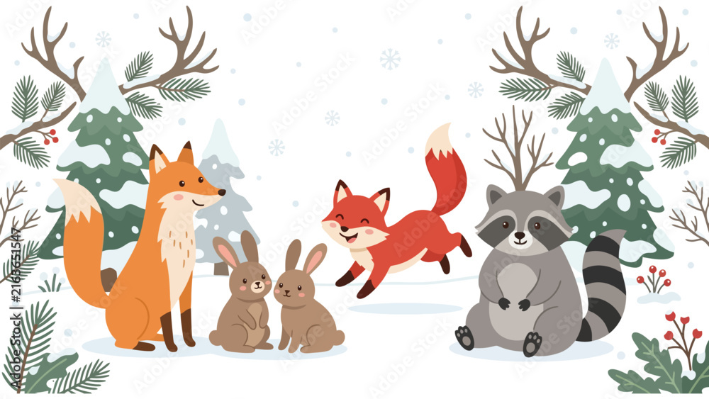 Naklejka premium Whimsical winter woodland scene with foxes, rabbits and a raccoon playing in snow.