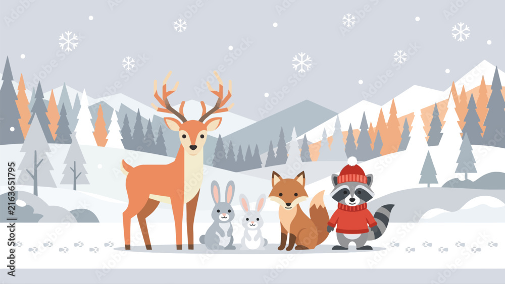 Fototapeta premium Winter woodland illustration of deer, fox, raccoon and rabbits in snowy landscape.