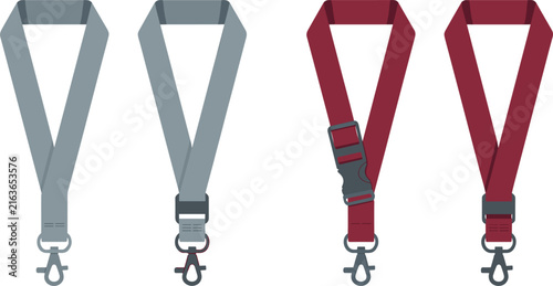 Принти на полотні Blank grey and red lanyards vector mockup set with metal metal hooks and plastic