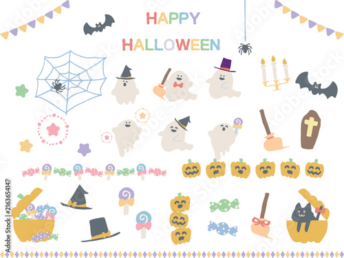 ハロウィン イラスト セット パステルカラー 怖くない 子ども向け ベクター