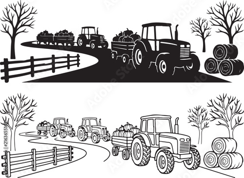 Vintage farm tractor vector set, rustic agricultural harvest scene with hay bales and fence, black and white rural landscape illustration