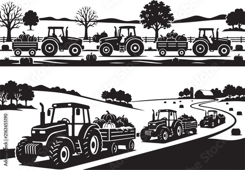 Vintage farm tractor vector set, black and white agricultural machinery with pumpkin trailers, rural harvest landscape illustrations