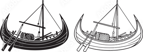 Vintage wooden fishing boat vector, traditional rowing vessel with oars, black and white nautical boat icons for marine design