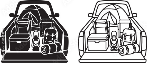 Camping gear in pickup truck bed vector, outdoor adventure equipment icons, black and white truck camping set for travel and tourism