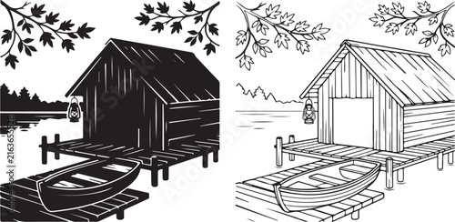 Rustic wooden boathouse on lake pier, vintage lakeside cabin with rowboat vector, black and white outdoor scenery illustrations